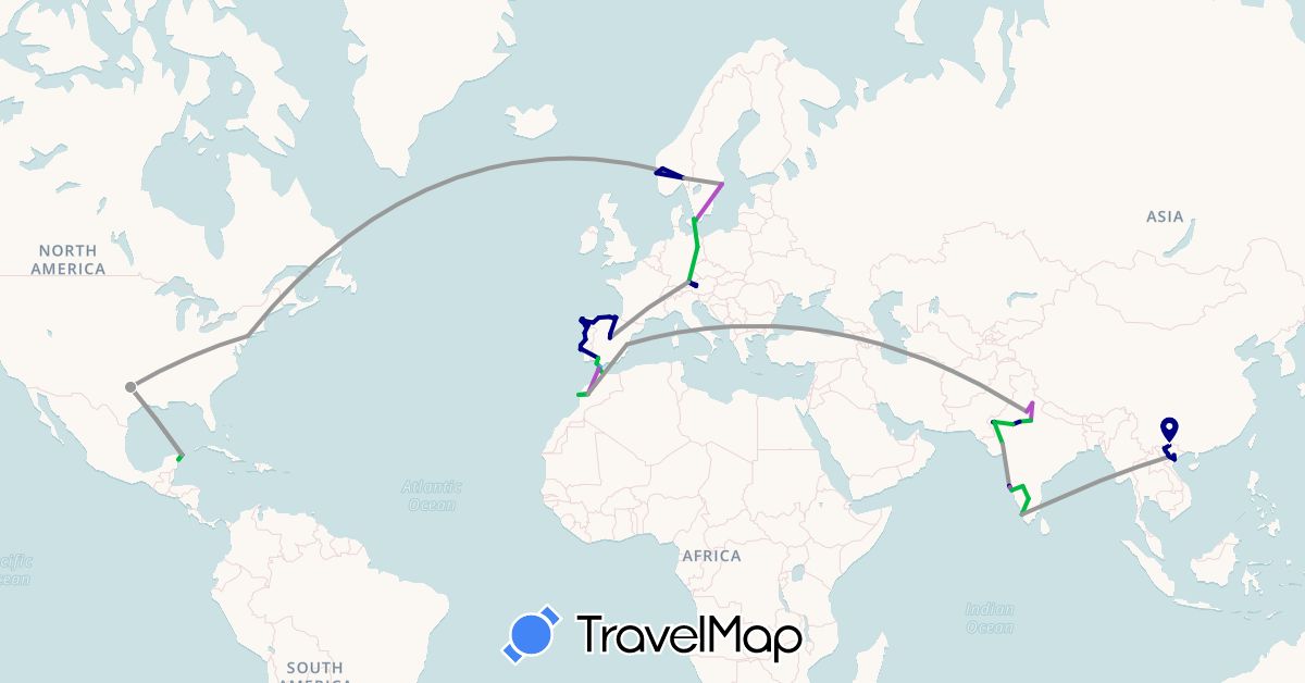 TravelMap itinerary: driving, bus, plane, train, hiking, boat, motorbike in Austria, Germany, Denmark, Spain, India, Morocco, Mexico, Norway, Portugal, Sweden, United States, Vietnam (Africa, Asia, Europe, North America)